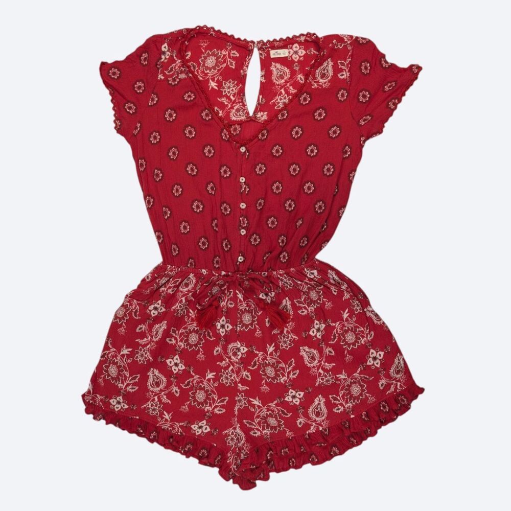 Hollister Red Romper Lace Trim Ruffled Patchwork Mixed Print Boho Size Small